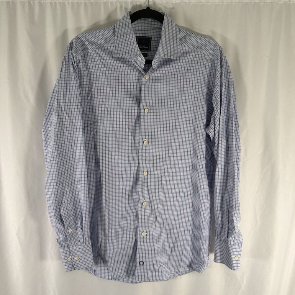 David Donahue Dress Shirt Men's Medium Blue White Plaid Slim Fit Long Sleeve